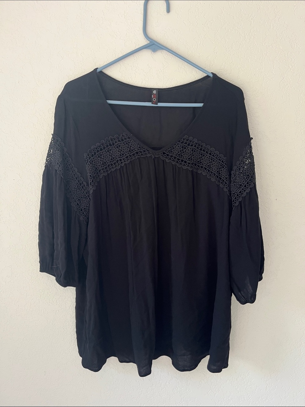 Black V-Neck Tunic with Crochet Trim